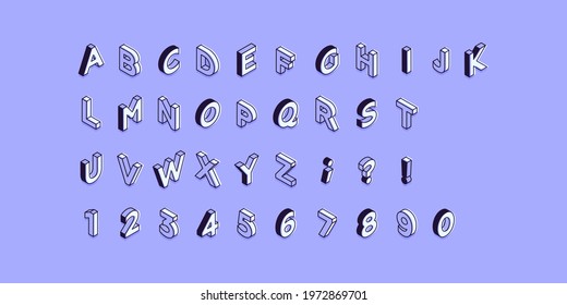 Isometric Latin Capital Letters, Numbers and Signs Font 3d Bold on Purple Background. Modern Vector Illustration. Social Media Template.