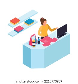 Isometric Laundry Room Interior With Woman At Reception Desk And Clean Clothing On Shelves 3d Vector Illustration