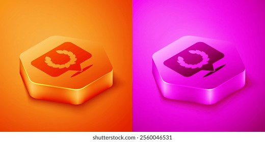 Isometric Laurel wreath icon isolated on orange and pink background. Triumph symbol. Hexagon button. Vector