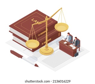 Isometric law concept, balance scale, justice book and case. Lawyer defending client vector illustration. Justice and law symbols. Balance justice of law concept svg