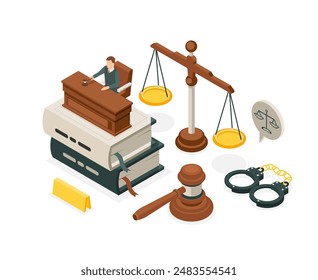 Isometric law concept. Judge makes decision, justice elements judges gavel scales and books. Court or trial, accusation or acquittal flawless vector scene