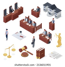 Isometric law elements, court, judge, lawyer, and hammer. Tribunal and judgment equal for everyone vector illustration set. Magistrate passes sentence. Legal justice and judge court