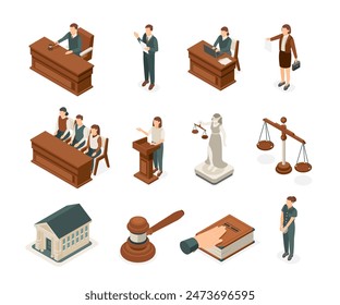 Isometric law elements. Lawyer and judge, witness testifies and jury. Femida statue, oath on book and judges gavel. Courthouse 3d flawless vector set