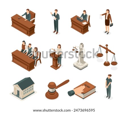 Isometric law elements. Lawyer and judge, witness testifies and jury. Femida statue, oath on book and judges gavel. Courthouse 3d flawless vector set