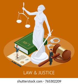 Isometric Law and Justice concept. Law theme, mallet of the judge, scales of justice, books, statue of justice vector illustration.