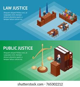 Isometric Law and Justice concept. Law theme, mallet of the judge, scales of justice, books, statue of justice vector illustration.