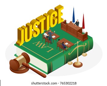 Isometric Law and Justice concept. Law theme, mallet of the judge, scales of justice, books, statue of justice vector illustration.