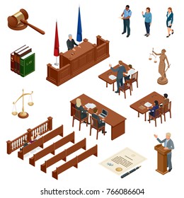 Isometric Law and Justice. Symbols of legal regulations. Juridical icons set. Legal juridical, tribunal and judgment, law and gavel, vector illustration