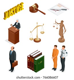 Isometric Law and Justice. Symbols of legal regulations. Juridical icons set. Legal juridical, tribunal and judgment, law and gavel, vector illustration