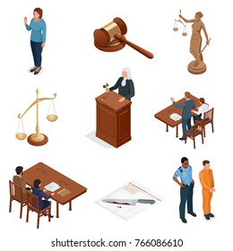 Isometric Law and Justice. Symbols of legal regulations. Juridical icons set. Legal juridical, tribunal and judgment, law and gavel, vector illustration