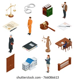 Derecho y Justicia isométricos. Símbolos de las normas legales. Iconos jurídicos establecidos. Jurisdicción, tribunal y fallo, derecho y gavel, ilustración vectorial