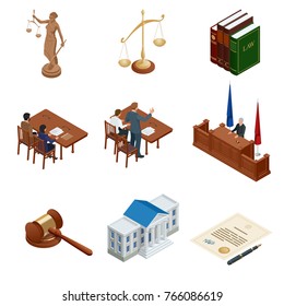 Isometric Law and Justice. Symbols of legal regulations. Juridical icons set. Legal juridical, tribunal and judgment, law and gavel, vector illustration