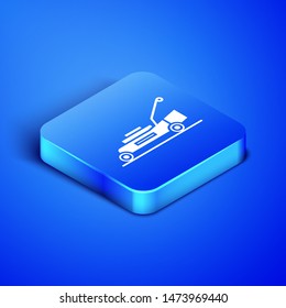 Isometric Lawn mower icon isolated on blue background. Lawn mower cutting grass. Blue square button. Vector Illustration