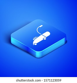 Isometric Lawn mower icon isolated on blue background. Lawn mower cutting grass. Blue square button. Vector Illustration