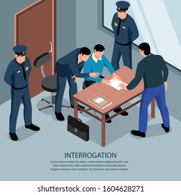 Isometric lawyer background with editable text and indoor scenery of interrogation room with policemen and attorney vector illustration