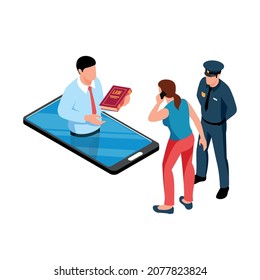 Isometric lawyer composition with attorney holding book in smartphone with client and police officer vector illustration