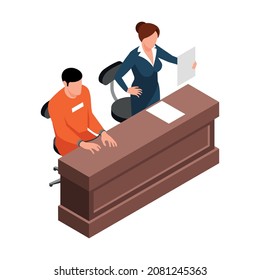 Isometric lawyer composition with characters of attorney and protegee at court tribune vector illustration