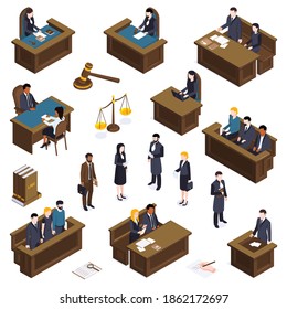 Isometric lawyer court justice law set of isolated book icons and characters of attorneys and judge vector illustration