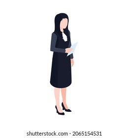 Isometric Lawyer Court Justice Law Composition With Character Of Woman With Paper Sheet Vector Illustration