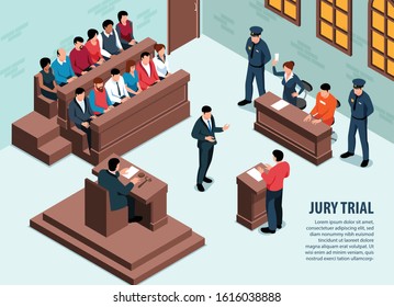 Isometric lawyer horizontal background with indoor view of court in session with people and editable text vector illustration