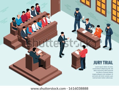 Isometric lawyer horizontal background with indoor view of court in session with people and editable text vector illustration