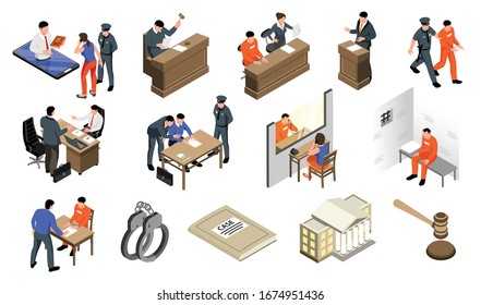 Isometric lawyer law prison set of isolated icons with characters of attorneys policemen and imprisoned persons vector illustration