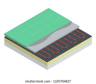 Isometric layers of floor heating system partly under ceramic tiles. Underfloor heating vector illustration.