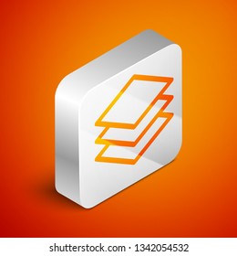 Isometric Layers icon isolated on orange background. Silver square button. Vector Illustration