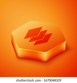 Isometric Layers icon isolated on orange background. Orange hexagon button. Vector Illustration