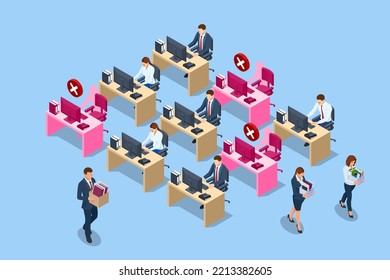 Isometric Layoffs and Dismissal. Workforce Reduction, Downsizing, Reorganization, Restructuring, Outsourcing. Unemployment, Jobless, Employee Job Reduction Metaphor. Sad Fired Office Worker with Box