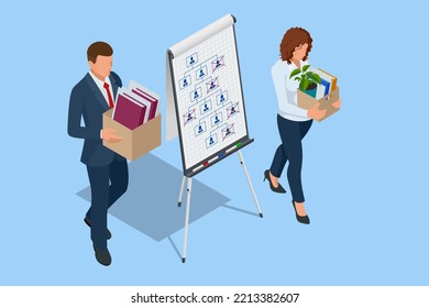 Isometric Layoffs and Dismissal. Workforce Reduction, Downsizing, Reorganization, Restructuring, Outsourcing. Unemployment, Jobless, Employee Job Reduction Metaphor. Sad Fired Office Worker with Box