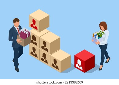 Isometric Layoffs and Dismissal. Workforce Reduction, Downsizing, Reorganization, Restructuring, Outsourcing. Unemployment, Jobless, Employee Job Reduction Metaphor. Sad Fired Office Worker with Box