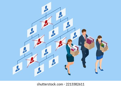 Isometric Layoffs and Dismissal. Workforce Reduction, Downsizing, Reorganization, Restructuring, Outsourcing. Unemployment, Jobless, Employee Job Reduction Metaphor. Sad Fired Office Worker with Box