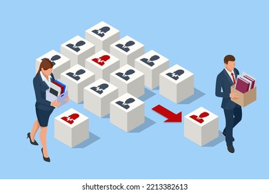 Isometric Layoffs and Dismissal. Workforce Reduction, Downsizing, Reorganization, Restructuring, Outsourcing. Unemployment, Jobless, Employee Job Reduction Metaphor. Sad Fired Office Worker with Box