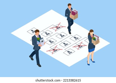 Isometric Layoffs and Dismissal. Workforce Reduction, Downsizing, Reorganization, Restructuring, Outsourcing. Unemployment, Jobless, Employee Job Reduction Metaphor. Sad Fired Office Worker with Box