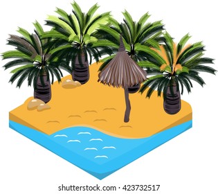 isometric layout beach with palm trees and thatched umbrella