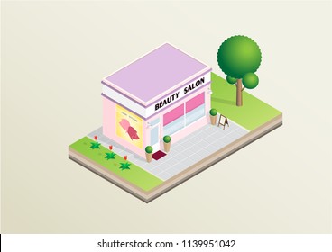 Isometric layout of beauty salon shop, building with signboard, trees, lawn. Vector illustration design concept for hair, skin, beautify.