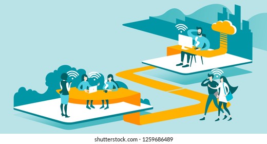 Isometric layout explaining the principle of remote work anywhere through the cloud.