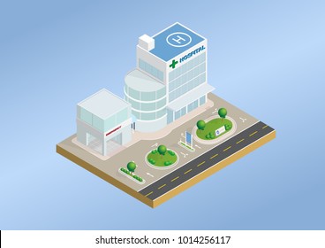 Isometric Layout Of Hospital And Emergency Building With Trees, Lawn And  Road Infrastructure. Vector Illustration Design With Concept Of Health Care, Medical Center, Business. Use For Website, Media.