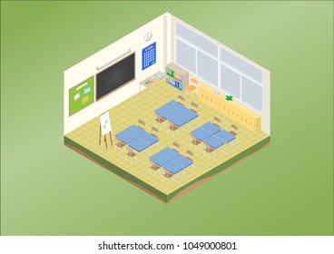 Isometric layout of workshop classroom, school, university with furniture. Vector illustration design concept of education, learning, training, activity, hobby. Use for infographic, web, game, present