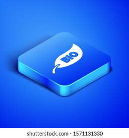 Isometric Leaf Bio symbol icon isolated on blue background. Banner, label, tag, logo, sticker for eco green. Blue square button. Vector Illustration