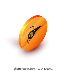 Isometric Leaf garden blower icon isolated on white background. Orange circle button. Vector Illustration