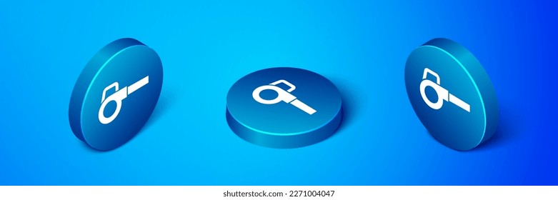 Isometric Leaf garden blower icon isolated on blue background. Blue circle button. Vector Illustration