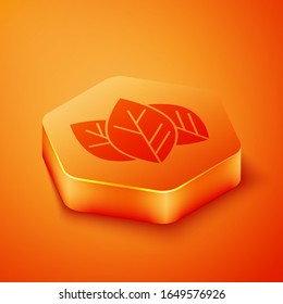 Isometric Leaf icon isolated on orange background. Leaves sign. Fresh natural product symbol. Orange hexagon button. Vector Illustration