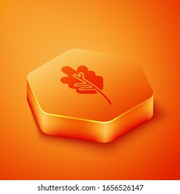 Isometric Leaf icon isolated on orange background. Leaves sign. Fresh natural product symbol. Orange hexagon button. Vector Illustration