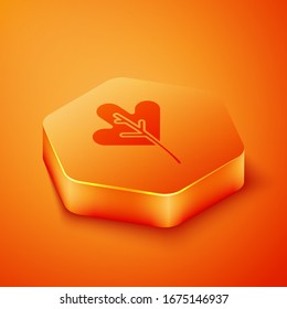 Isometric Leaf icon isolated on orange background. Leaves sign. Fresh natural product symbol. Orange hexagon button. Vector Illustration