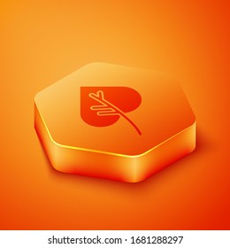 Isometric Leaf icon isolated on orange background. Leaves sign. Fresh natural product symbol. Orange hexagon button. Vector Illustration