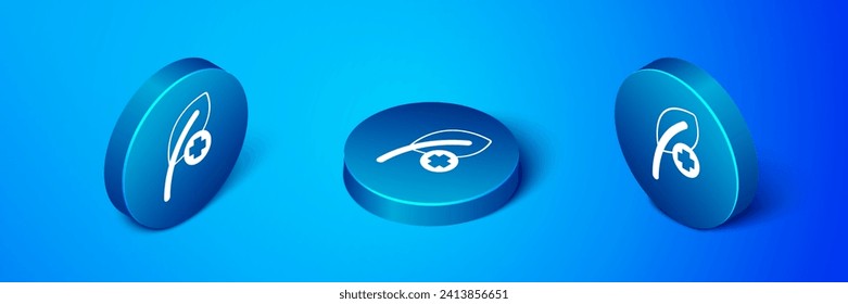 Isometric Leaf icon isolated on blue background. Leaves sign. Fresh natural product symbol. Blue circle button. Vector
