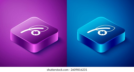 Isometric Leaf icon isolated on blue and purple background. Leaves sign. Fresh natural product symbol. Square button. Vector