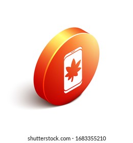 Isometric Leaf en el icono de la pantalla del teléfono móvil aislado en fondo blanco. Botón de círculo naranja. Ilustración vectorial